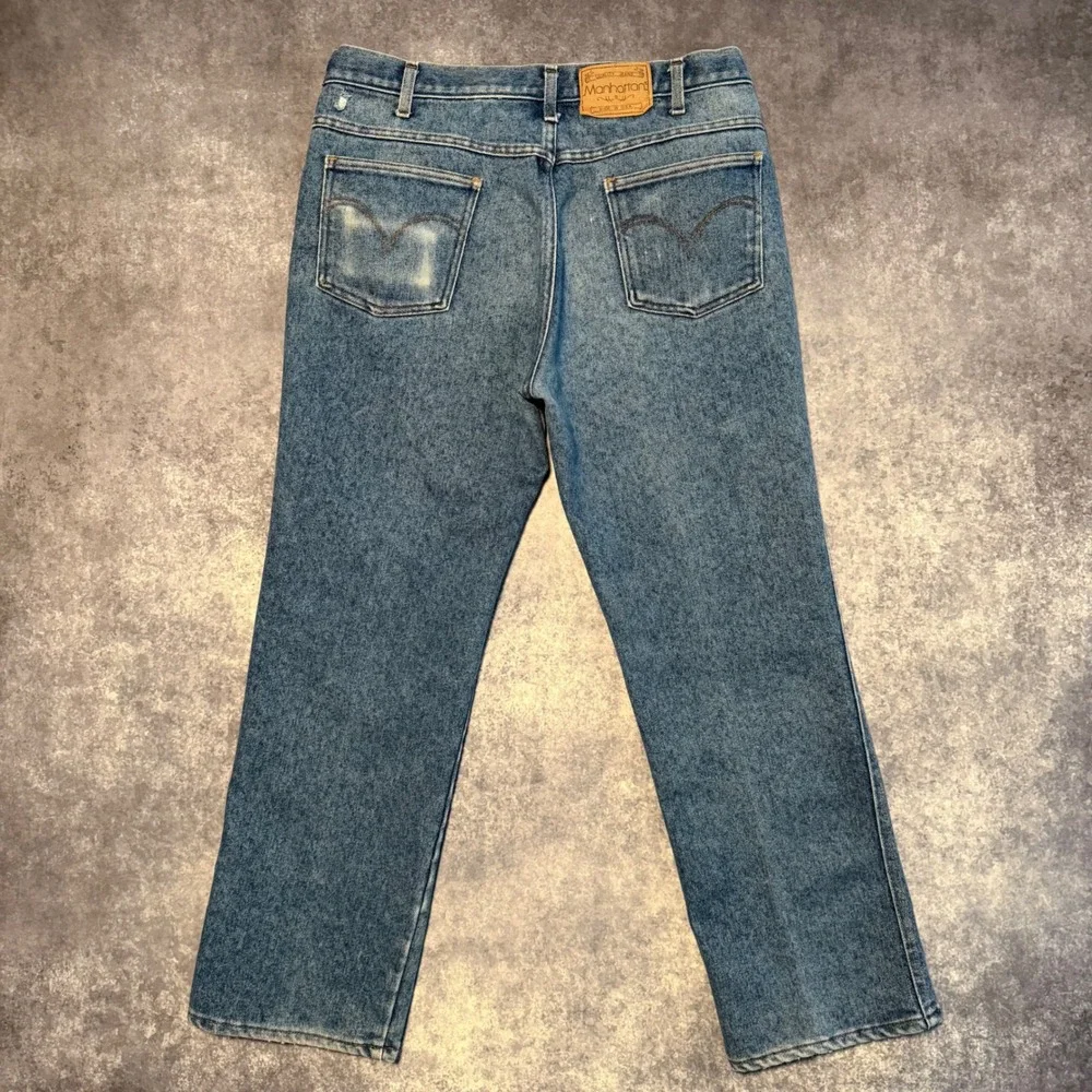 Vintage 70s Manhattan Jeans Mens Straight Leg Talon 42 Zip Crease USA Made 34x28